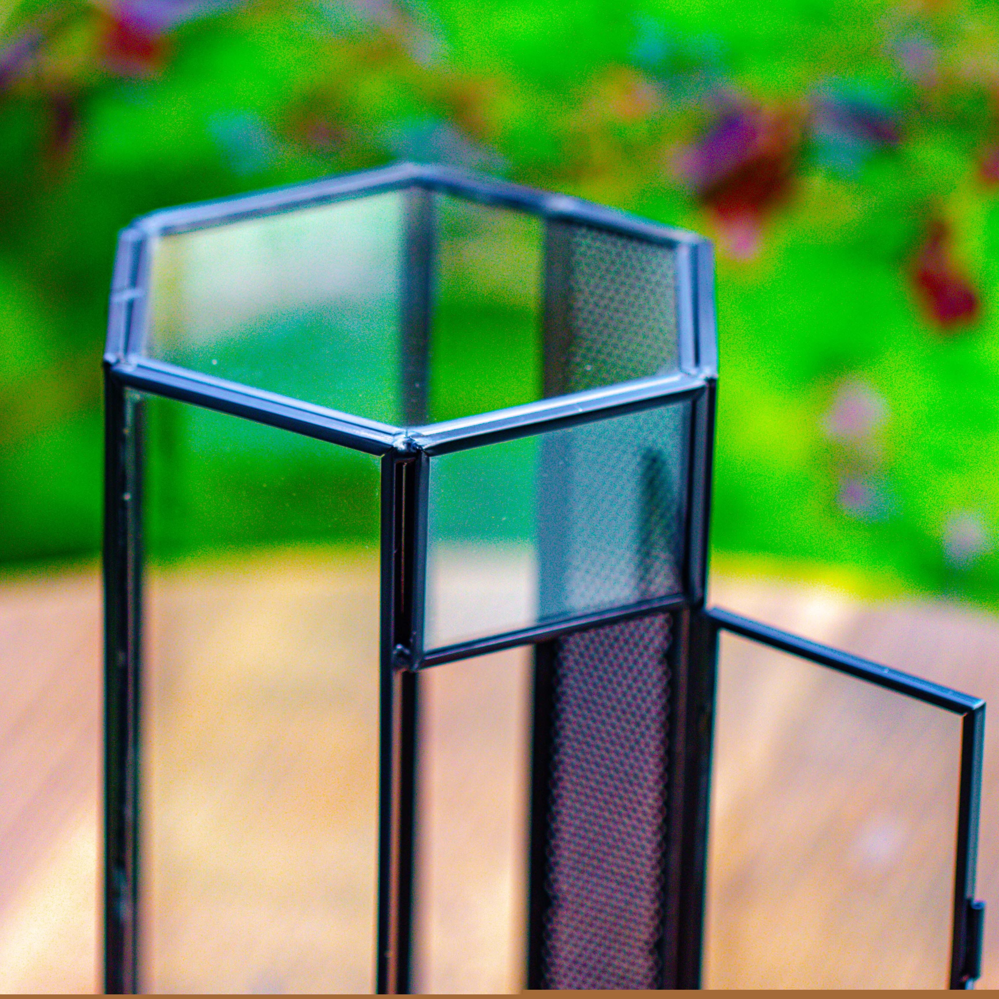 NCYP Small Stainless Steel Hexagon Shaped Enclosure Terrarium with Mesh, 4.9x4.3x9.4 inches Tabletop Jumping Spider, Small Insect Habitat, Vertical Placed (Terrarium Only)