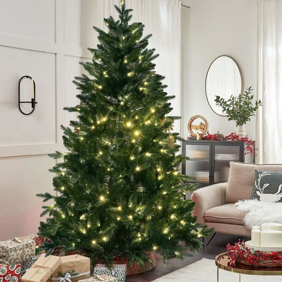 Qunler Christmas Tree, 6ft Hinged Pre-Lit Christmas Tree with 980 PE & PVC Tips, 300 Warm White & Multicolor 10 Modes LED Lights, Artificial Pine Tree for Xmas Holiday Decor