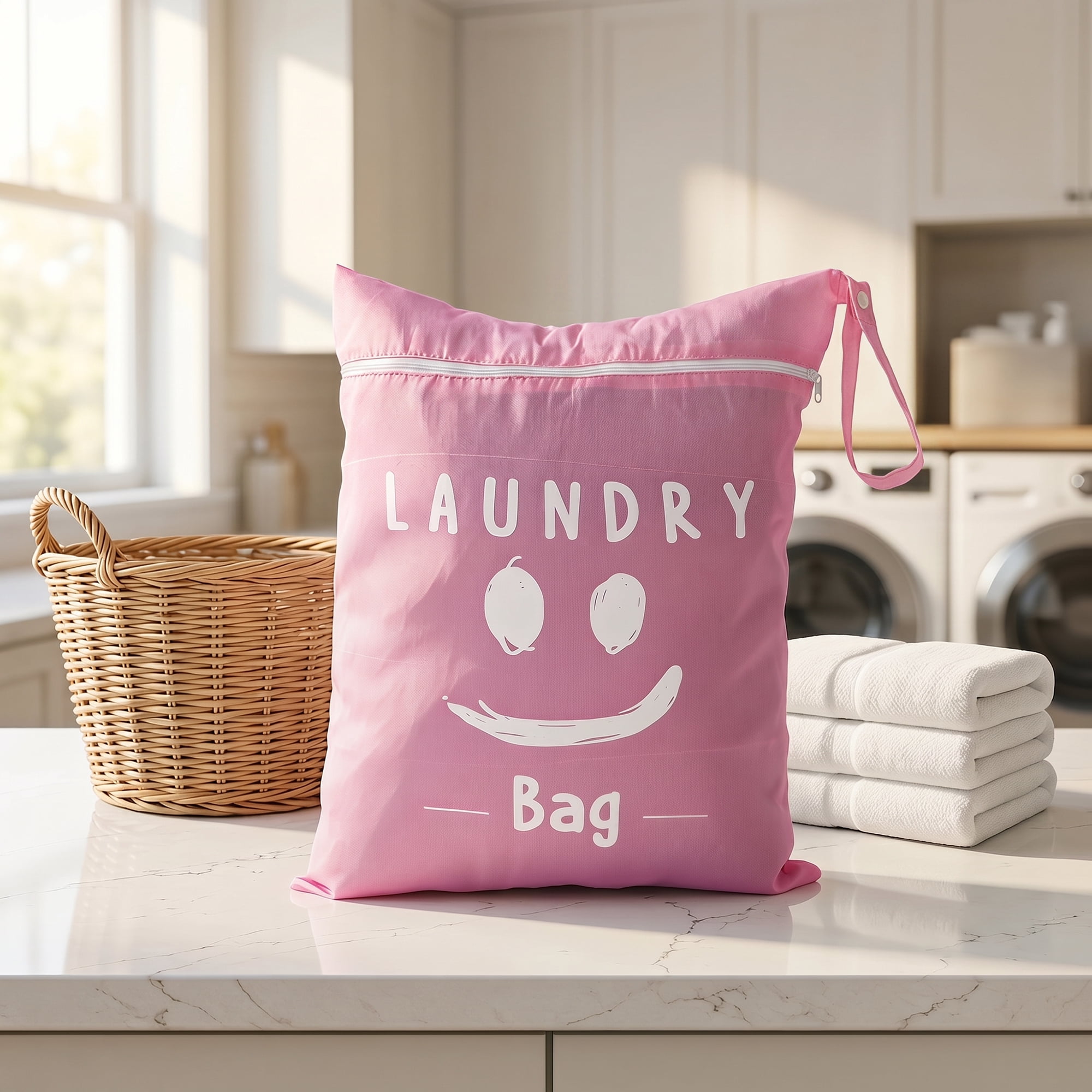 Unique Bargains 2Pcs Oxford Cloth Zipper Mesh Clothes Laundry Bag Pink-White A 15"x18.9"