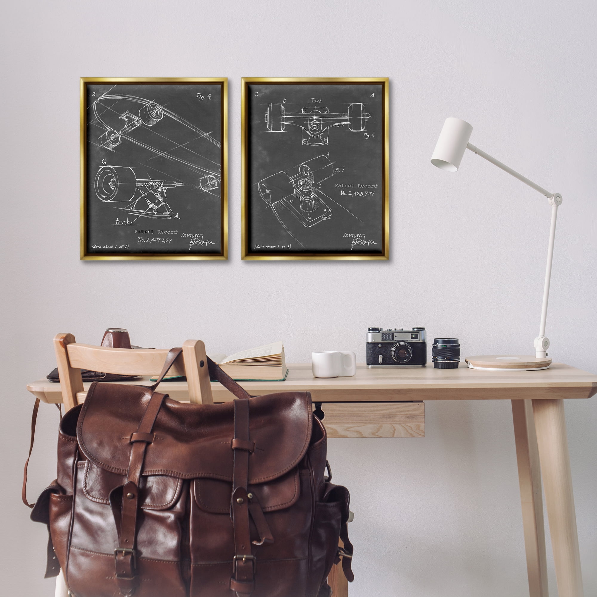 Stupell Industries Patent Diagram of Skateboard Sports Painting Gold Floater Framed Canvas Art Print Wall Art, 17 x 21, Set of 2