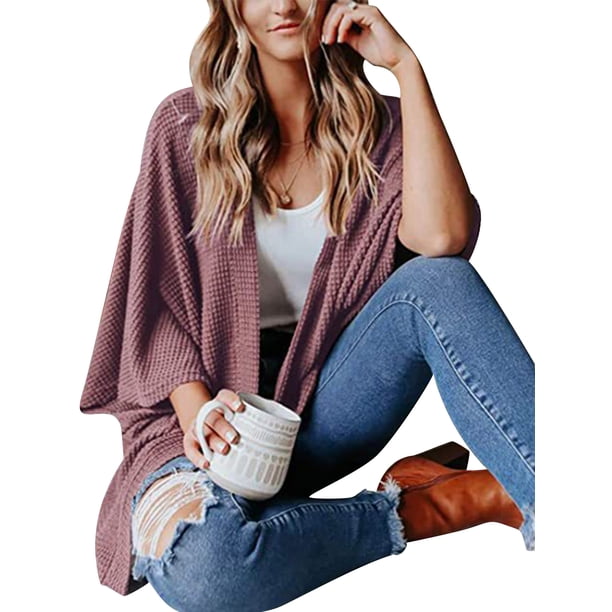 Sonducket Suéter abierto frontal para mujer, cárdigan de punto suelto de poliéster, manga 3/4, ropa informal de primavera y otoño, rosa, S Prendas para la parte del cuerpo Violeta S Sonducket AP003557-11