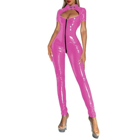 Women s Sexy Long Sleeve PVC Leather Jumpsuit Lingerie Zipper Crotch Party Bodysuit Sexy Catsuit Clubwear