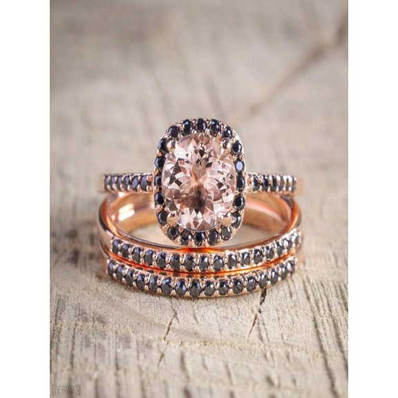 2 carat Morganite and Black Diamond Trio Wedding Bridal Ring Set in 10k Rose Gold with Engagement Ring and 2 Wedding Bands