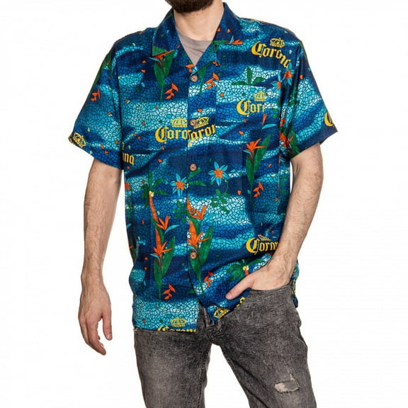 Corona Extra Message in a Bottle Floral Mosaic Hawaiian Button Up Shirt-XLarge