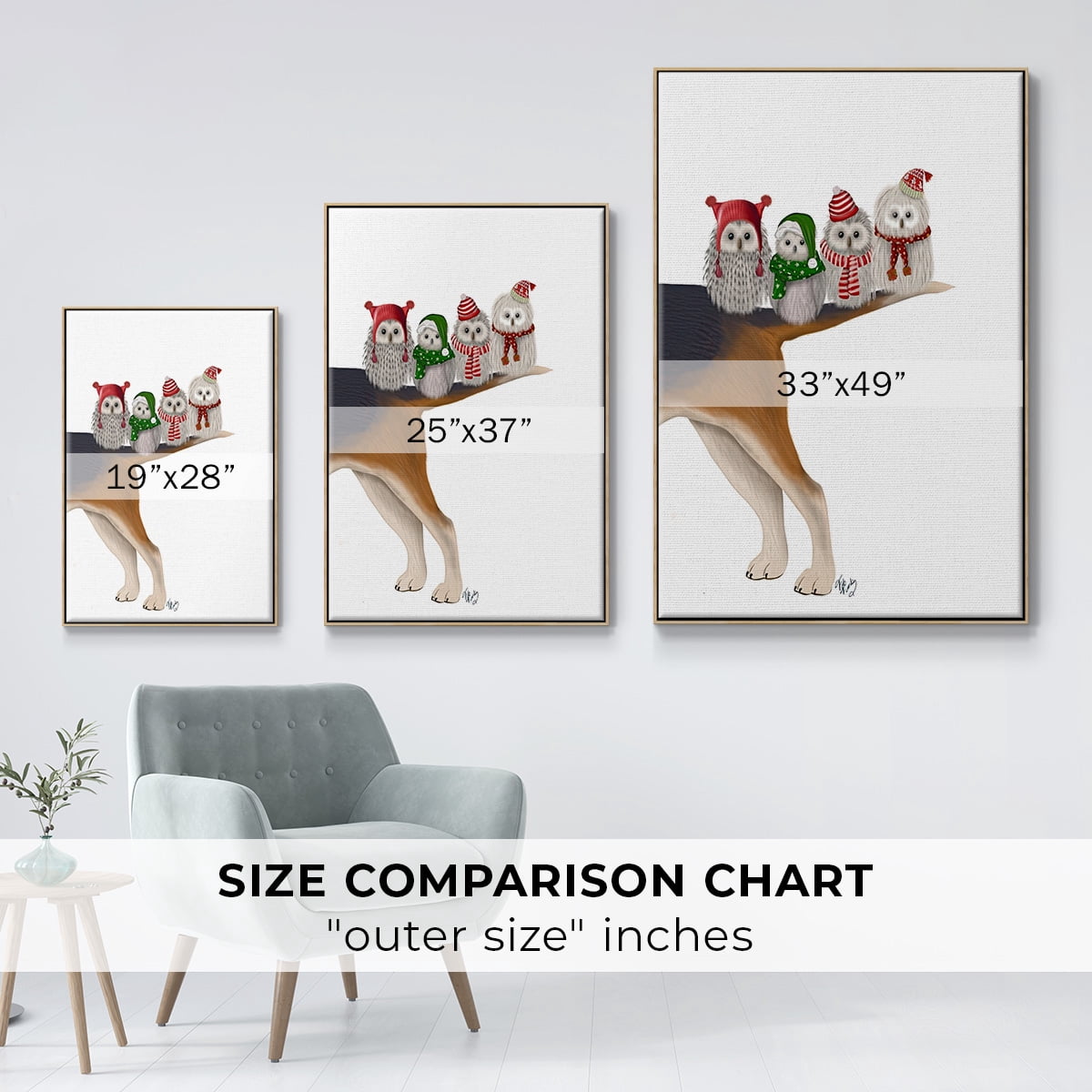 Christmas Bummer Owls - Framed Gallery Wrapped Holiday Canvas - 17 x 25 - Natural Wood Frame
