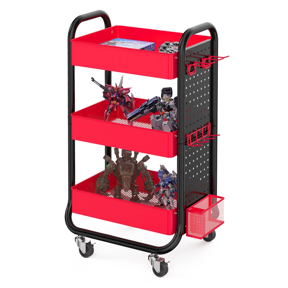 Eureka Ergonomic Red 3 Tier Rolling Cart with Pegboards and Lockable