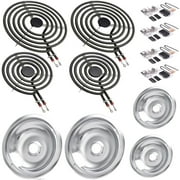 MP22YA Electric Range Burner Element Unit Set with 330031 Surface Element Receptacle Kit and Silver Drip Pans Compatible with Whirpool Frigidaire Kenmore Maytag Range Oven