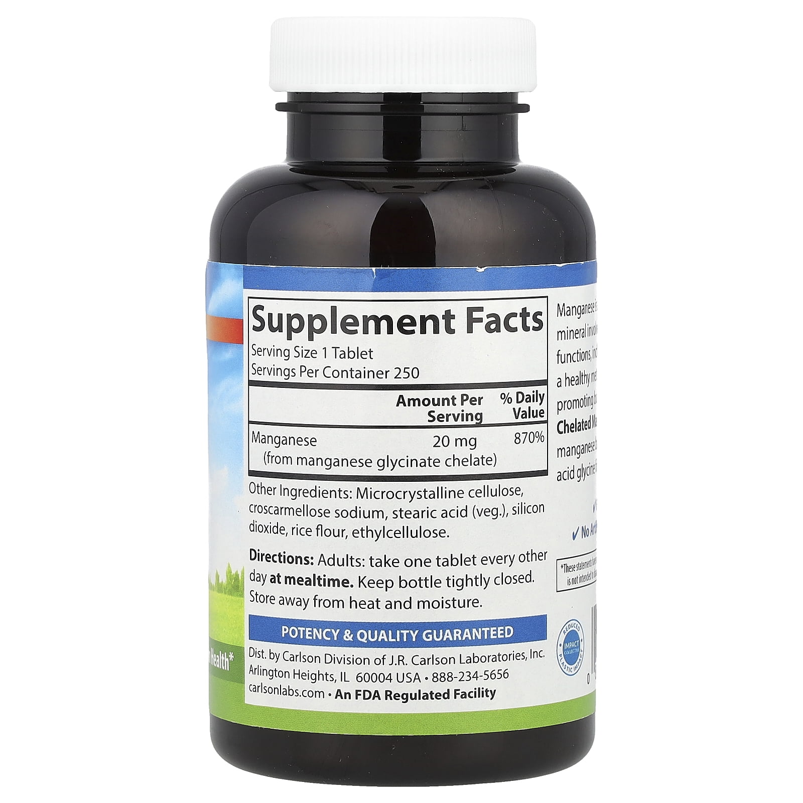 Carlson Chelated Manganese, 20 mg, 250 Tablets