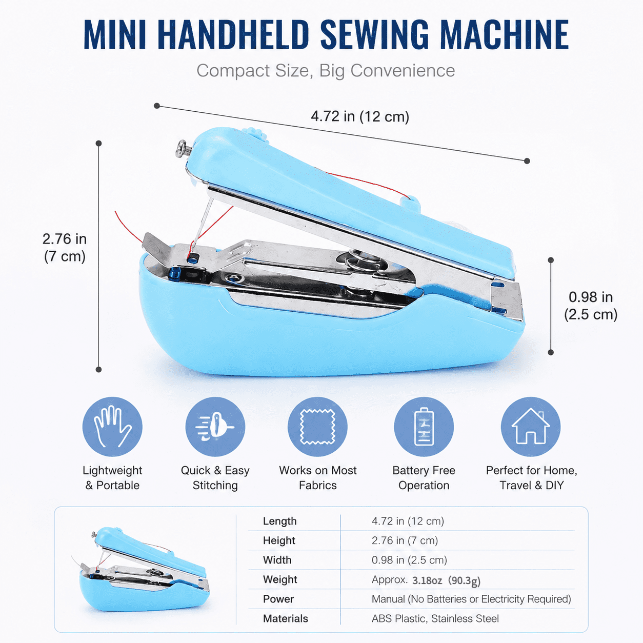 Blue Spring come Handheld Mini Sewing Machine, Portable Manual Pocket Stitch Tool, Compact Lightweight Sewing Device for Clothing Repair, Home DIY Crafts, Travel Emergency Fabric Mending