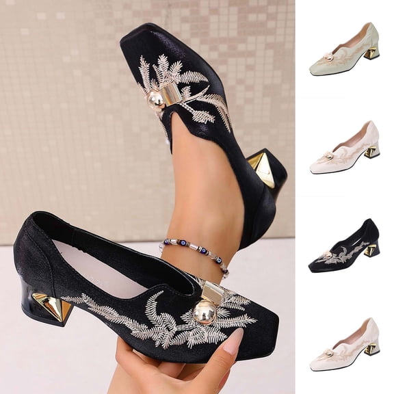 Women's Pumps for Women Trendy Square Toe Embroidered Chunky Heel Slip On Shoes Comfortable Satin Casual Dress Shoes Fashion Plus Size Black Shoes for Women