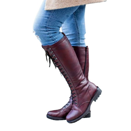 Courtiser les femmes d'équitation basse talon bas côté botte zip zip knoue  chaussures hautes décontractées extérieur Vin rouge 7