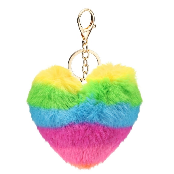 Uxcell Pom Pom Keychain, 10 cm Soft Cute Fluffy Heart Key Ring, Multi-Color