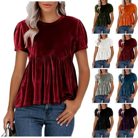 QATAINLAV Red Women s Velvet Peplum Tops Loose Casual Short Sleeve Tees Shirt Solid Color Round Neck Flared Swing Tshirts M