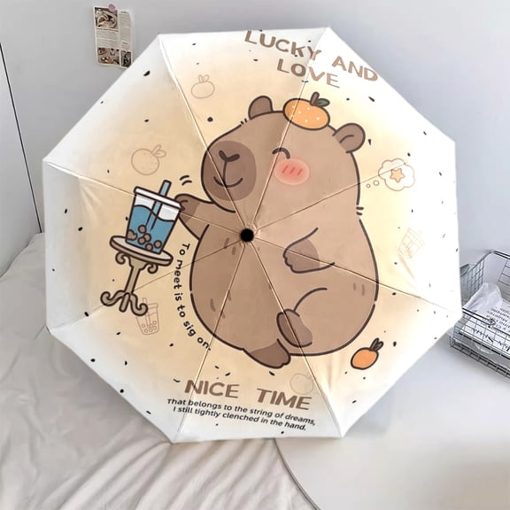 Cartoon Capybara Print Automatic Folding Umbrella, Portable 8-Rib Windproof Rain Umbrella for Outdoor, Travel, and Daily Use