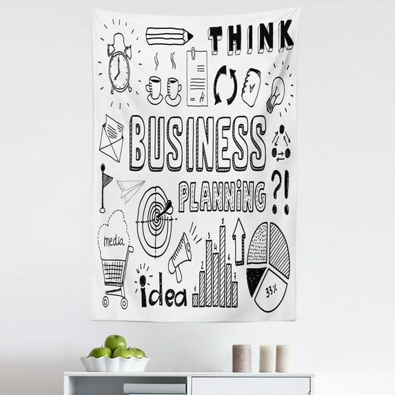 Black White Tapestry, Business Planning Theme Doodle Set Brainstorming Presentation and Progress, Fabric Wall Hanging Decor for Bedroom Living Room Dorm, 5 Sizes, Black White, by Ambesonne