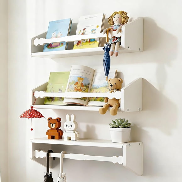 Floating Nursery Book Shelf, Set of 3 Soild Wood Wall Bookshelf for Kids, Hanging Nursery Shelves and Spice Rack for Book Toy Storage, Decor for Bedroom Livingroom Bathroom Kitchen, White