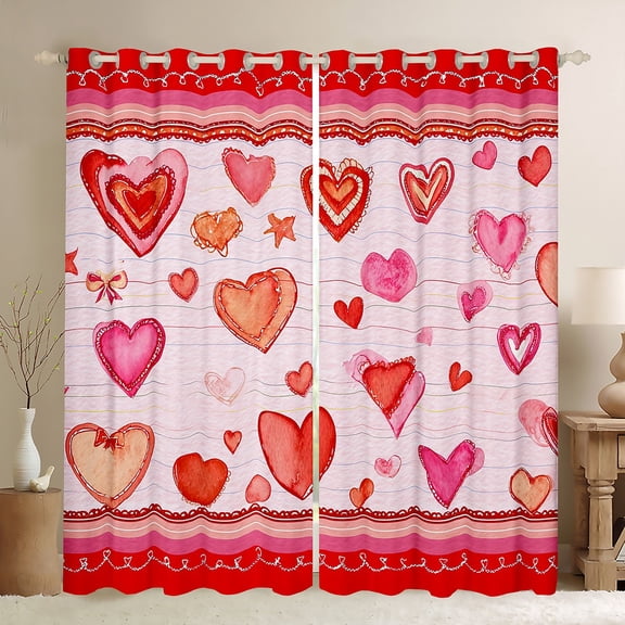 Feelyou Red Love Heart Black Out Curtains, Cartoon Watercolor Art Curtains Pack of 2 (42x63 Each), Romantic Valentines Day Bedroom Curtains, Black Out Curtains Decor