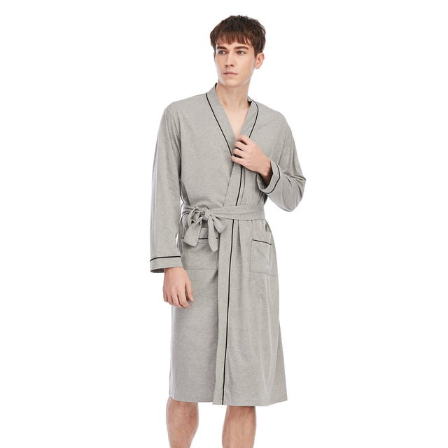 MintLimit Men's Robe Soft Kimono Full Length Knit Bath Robe Mens Long Sleeve Lightweight Nightgown Solid Color Bathrobe Sets with Pockets Gray L
