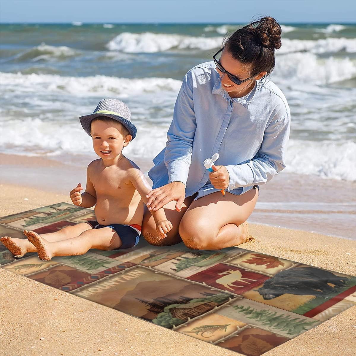 Retro Rustic Beach Towel, Moose Deer Bear Leaf Tree Country Style Farmhouse Microfiber Ultra Soft Quick Dry Highly Absorbent Bath Towels for Beach Party Outdoor Travel Swim Pool Yoga 33x52 Inch