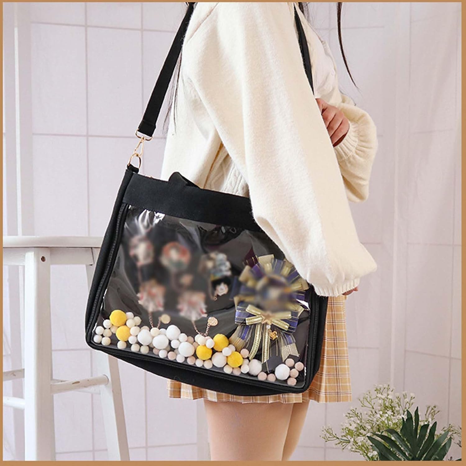 Baguery Ita Bag Canvas Shoulder Tote - Large Transparent Display Window Kawaii Anime Purse, Adjustable Crossbody Bag
