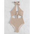 thumbnail image 3 of Traje de baño de una pieza para mujer, cintura alta, halter, espalda descubierta, nudo en el busto, traje de baño caqui S, 3 of 8