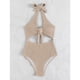 thumbnail image 3 of Traje de baño de una pieza para mujer, cintura alta, hueco, halter, espalda descubierta, nudo en el busto, traje de baño Caqui M, 3 of 8