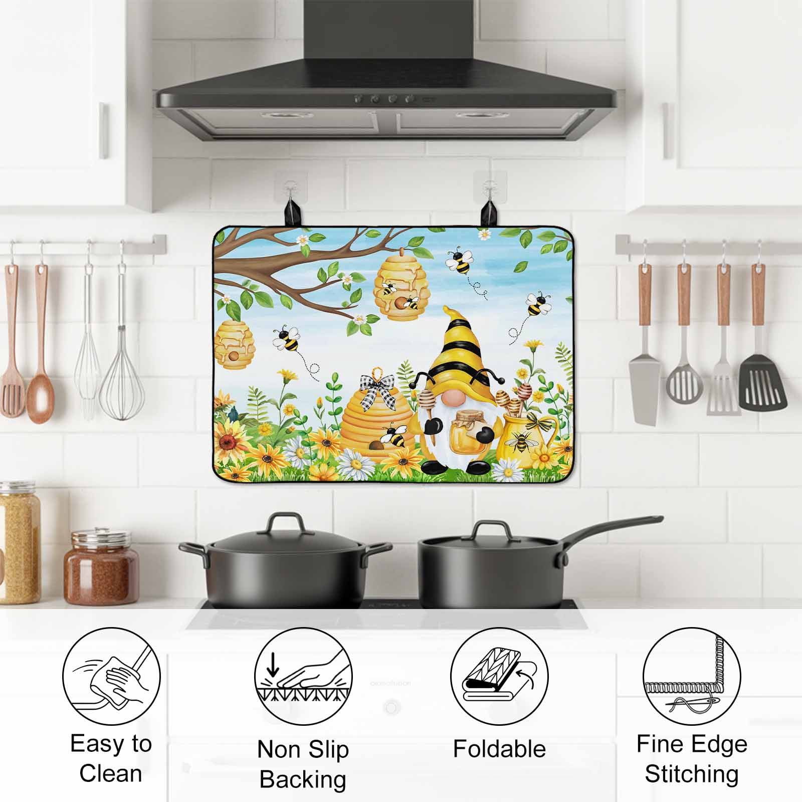 Yellow Daisy Gnomes Stove Top Cover for Electric Stove, Heat-proof & Non Slip Glass Top Stove Cover Protector, Pastoral Bees Floral Botanical Blue Kitchen Flat Cooktop Rubber Mat 24x21 Inches