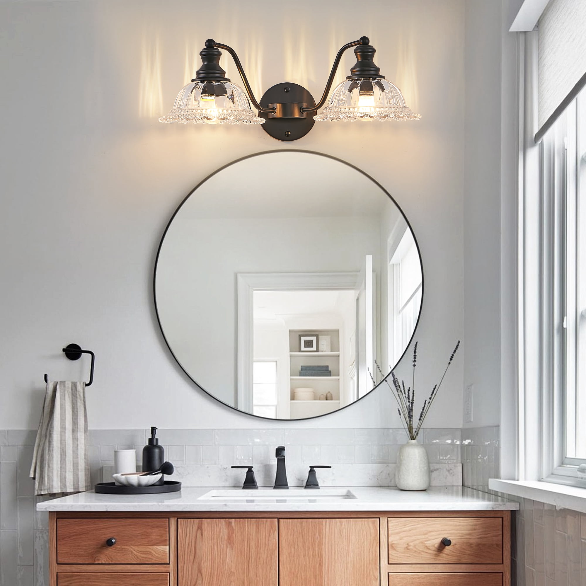 2-Light Bathroom Black Vanity Light Fixtures, Farmhouse Vanity Lights for Bathroom with Flower Glass Shade Wall Lights 20in