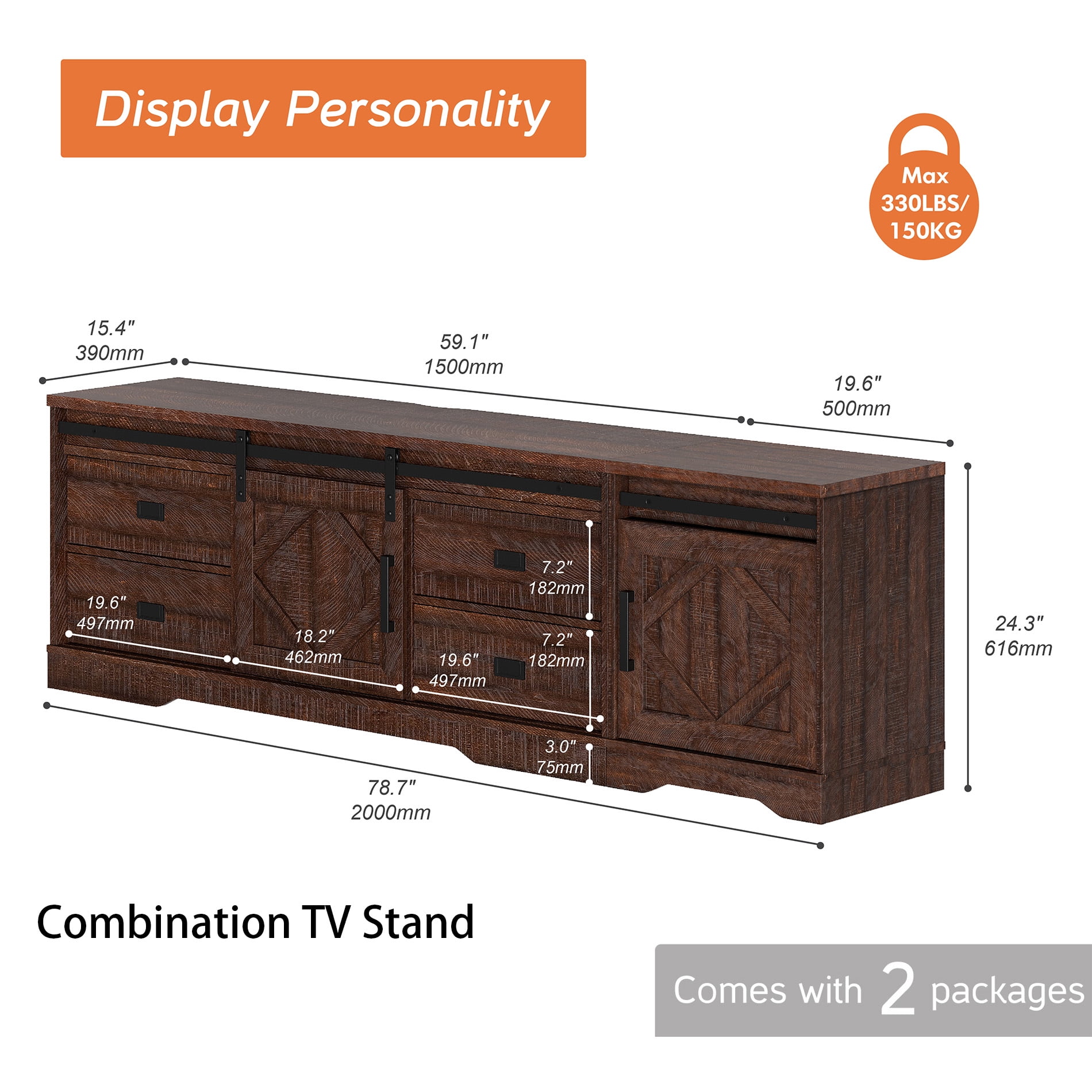 WAMPAT 2 in 1 Farmhouse TV Stand for TVs up to 85",Wood Entertainment Center with Drawers and Adjustable Shelves,TV Console Table with Barn Door for Living Room,Rustic Brown
