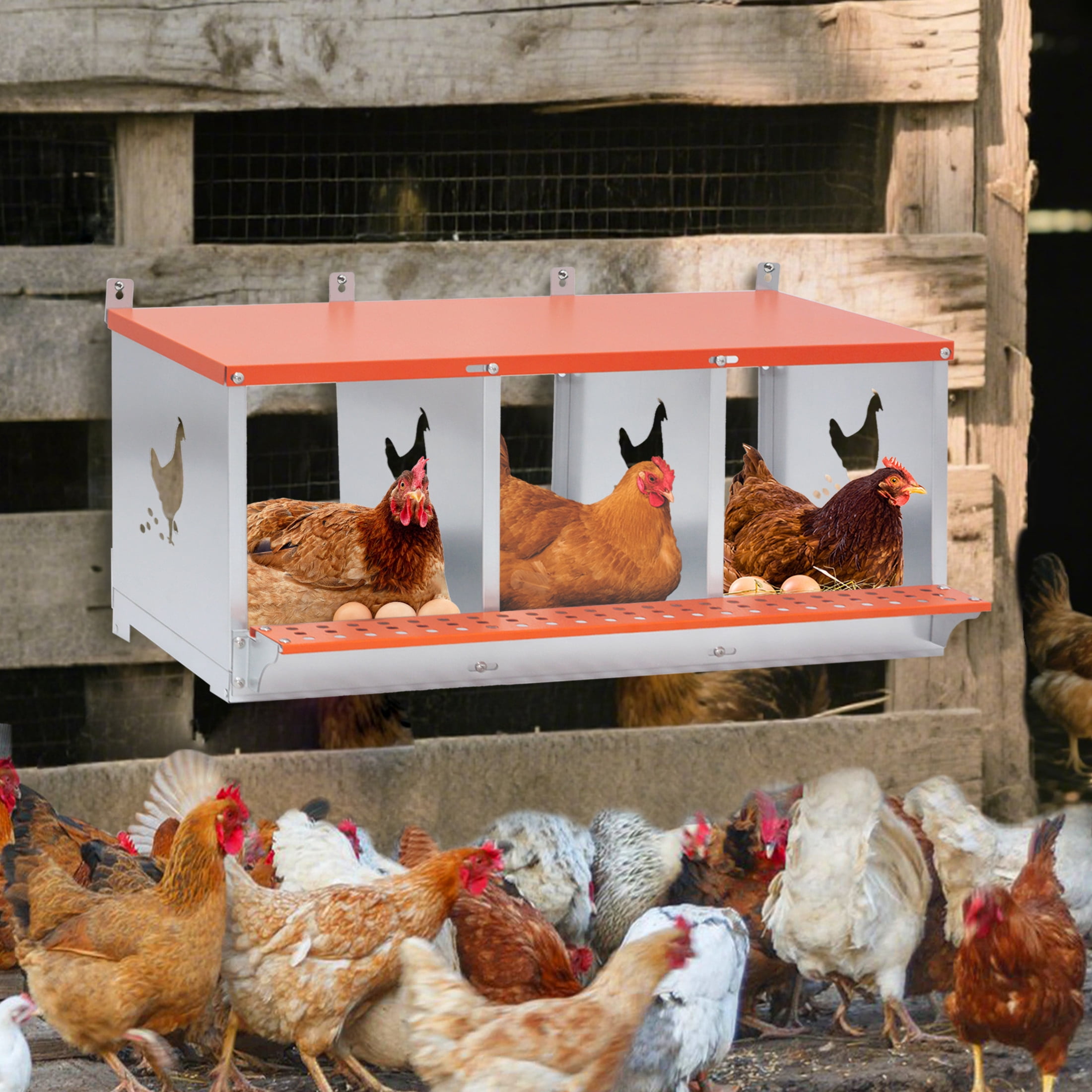 Noble House 3-Bay Wall-Mount Steel Nesting Box with Ventilation, Easy Egg Collection, for Chickens, Ducks, Orange