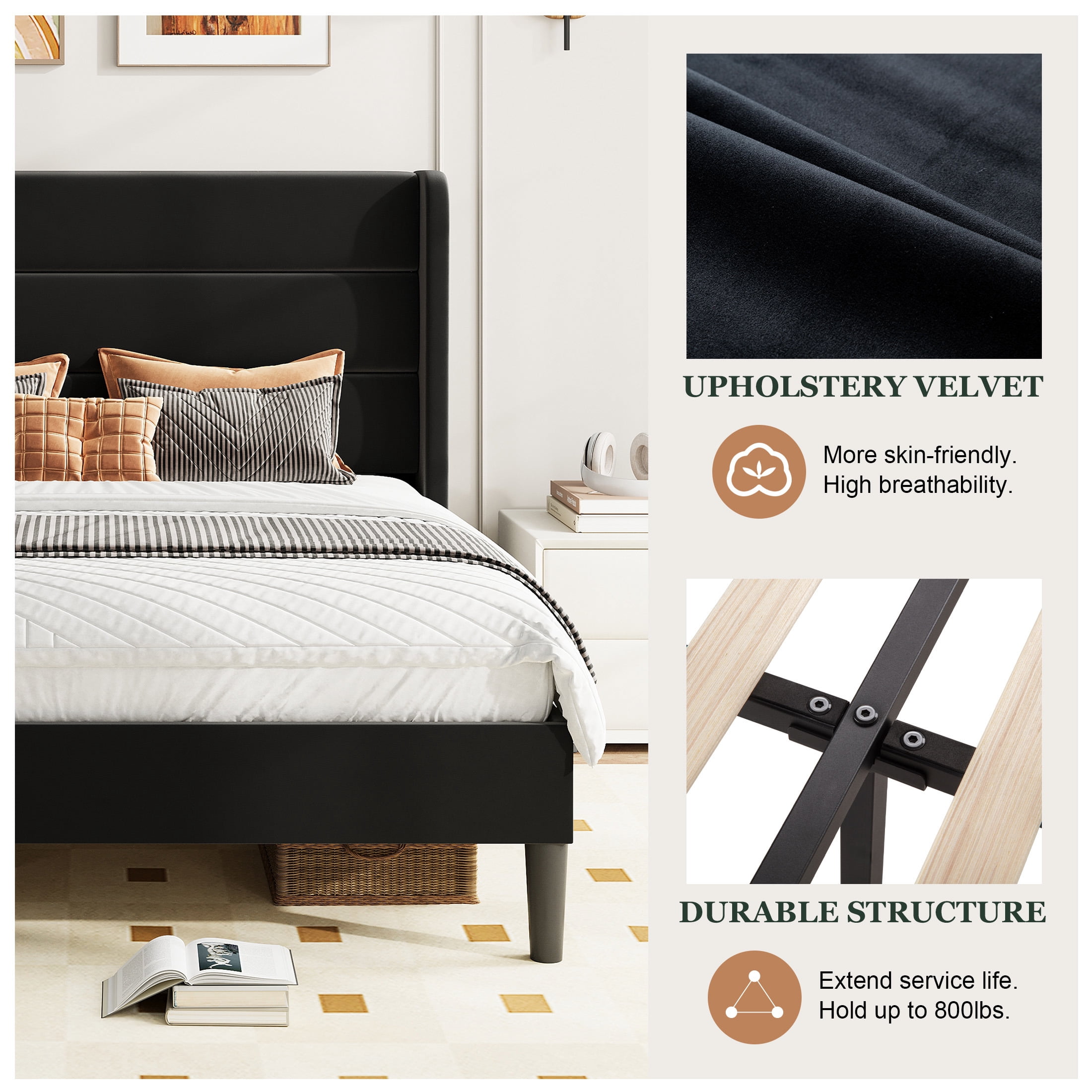 Amolife Full Size Platform Bed Frame with Velvet Upholstered Wingback Headboard, No Box Spring Needed, Black