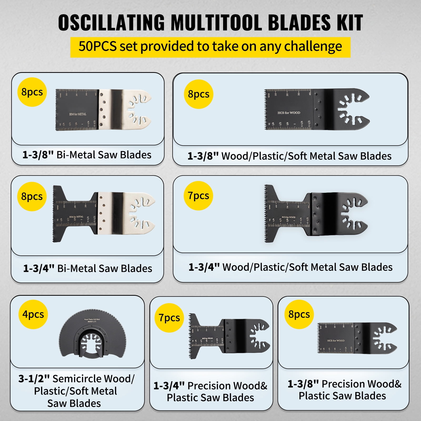 KFFKFF 50 pcs Oscillating Saw Blades, Quick Release Multitool Blades Kit, HCS Tool Blades for Wood Plastic Metal Nails Bolts, Compatible with Dewalt Dremel Fein Worx Bosch Makita Milwaukee
