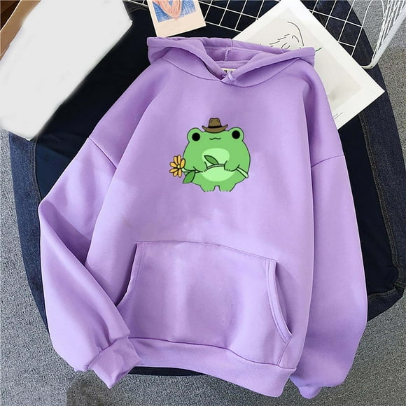 Fartey Cute Frog Print Hoodies for Women Fall Oversized Long Sleeve Patchwork Sweatshirts with Pockets Fashion Drawstring Hooded Pullovers Tops,Purple,M