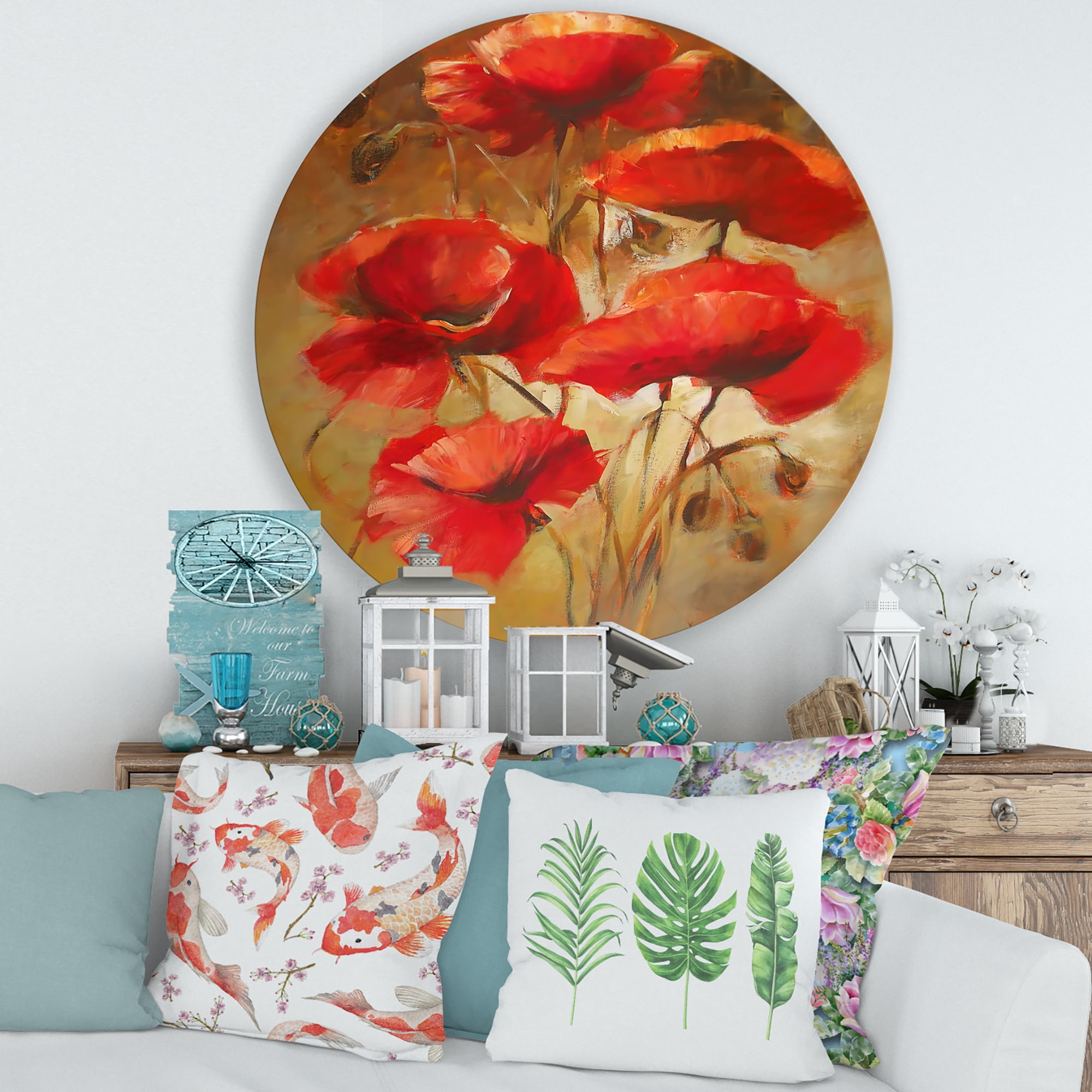 Designart 'Red Blossoming Poppies Over Wild Brown I' Traditional Circle Metal Wall Art 36x36 - Disc of 36