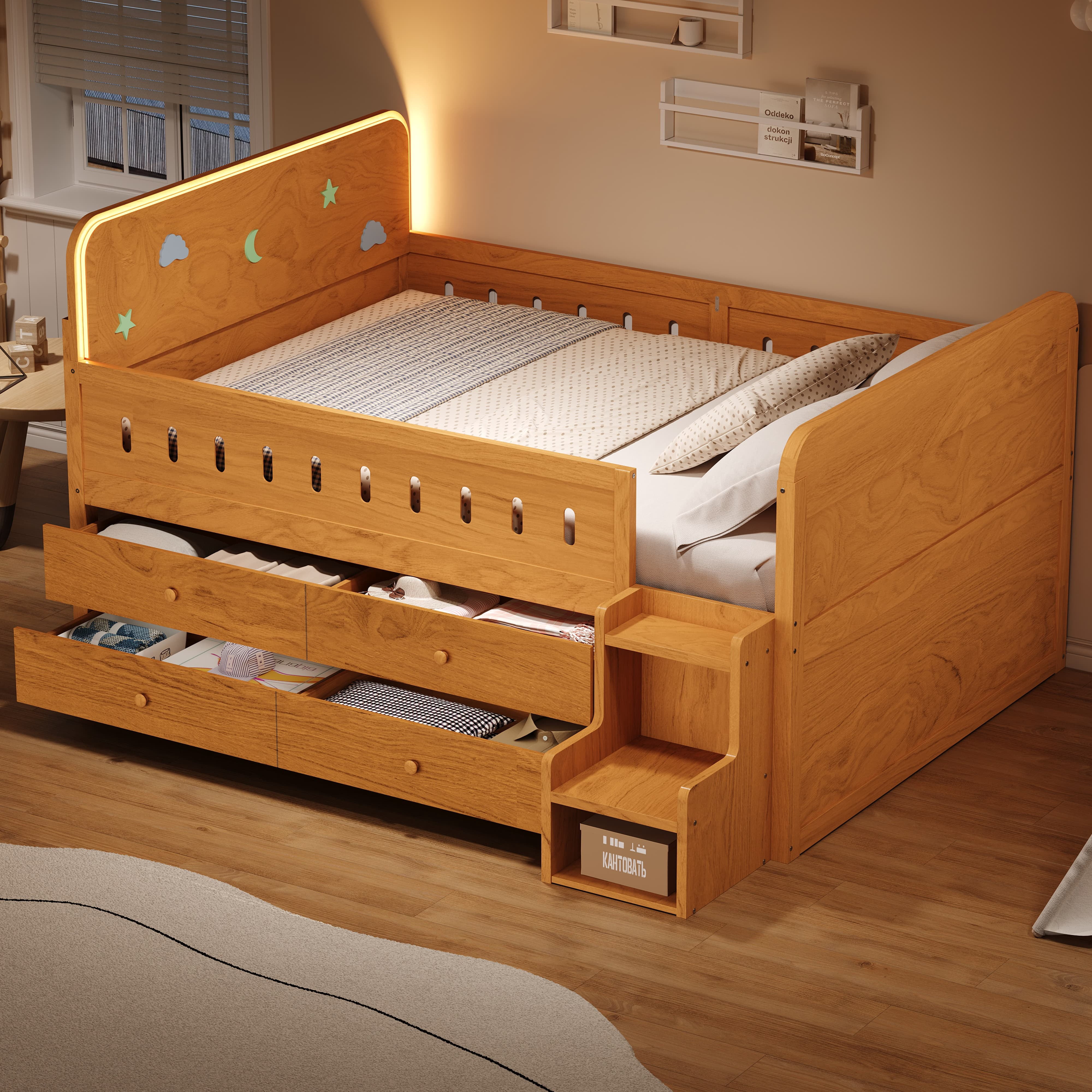 Euroco Wood Full Size Platform Bed with 4 Drawers and LED Light, Low Profile Kids Bed with Storage, White