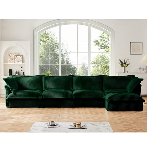 Slipcovered L Shape Sectional Long Sofa Couch, 4 Seater Sofa with Suppleness Armrests,Deep Seat Sofa with 2 Big Pillows, Comfy Couch for Living Room, Apartment, Green Corduroy Fabric