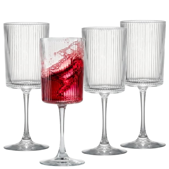 Ribbed Clear Wine Glasses Set of 4, 18oz Lead-Free Crystal Vintage Wine Glasses, Thin Rim Long Stem for Red/White Wine & Champagne