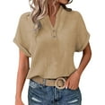 thumbnail image 4 of Women's Wrinkle Resistant Button Down Top V-Neck Rolled Sleeve Casual Shirt Khaki S, 4 of 9
