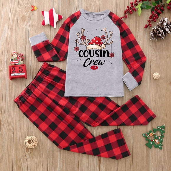Tenue Parent-Enfant de Noël pour la Maison Motif Mignon de Tête de Cerf Pyjamas Familiaux pour Garçons et Filles Manches à Carreaux Ensemble de Pyjamas des Fêtes