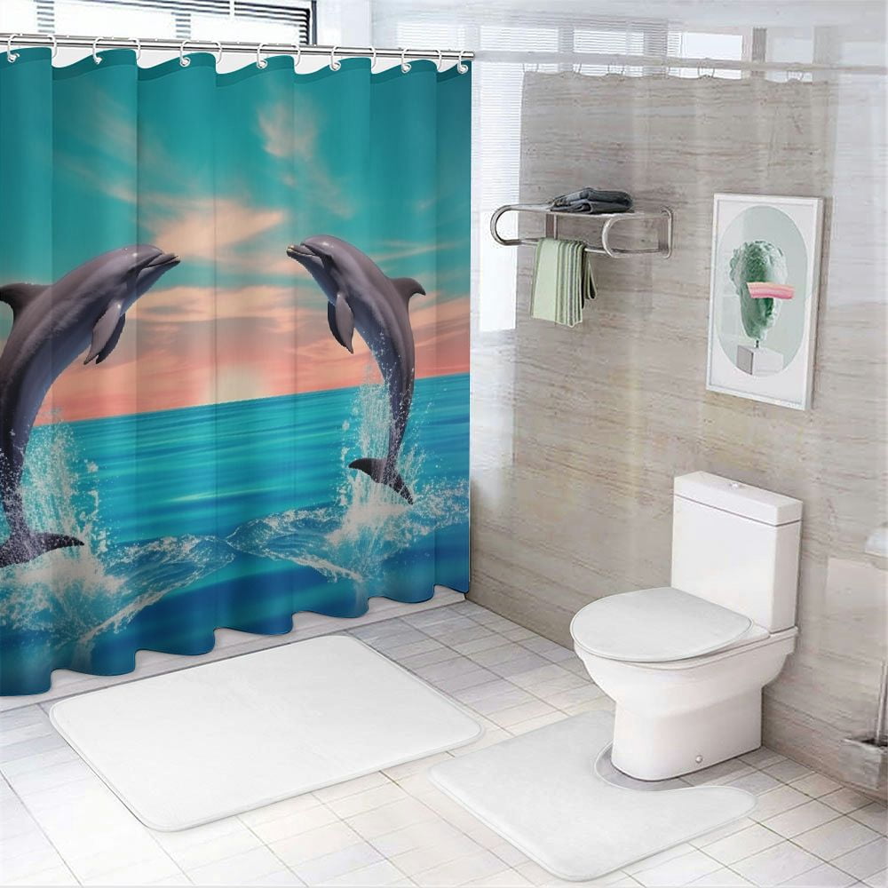 Pratyus Dolphins Water Sky Vaporwave Shower Curtain Set with Hooks, Waterproof Polyester Bathroom Decor, Various Sizes 69"x72