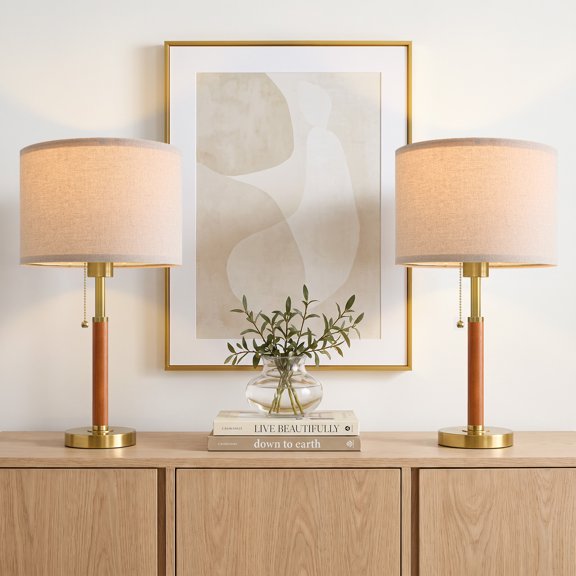Oneach 18" Modern Farmhouse Table Lamp Set of 2,Weathered Wood Finish Bedside Lamps for Living Room with Pull Chain Switch