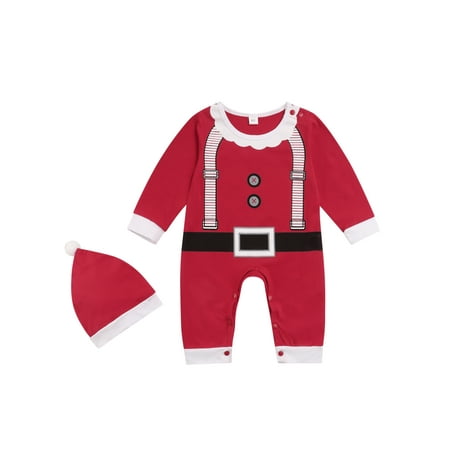 

Infant Baby Girls Boys Christmas Outfits Santa Claus Long Sleeves Snaps Jumpsuit+ Christmas Hat for Newborn
