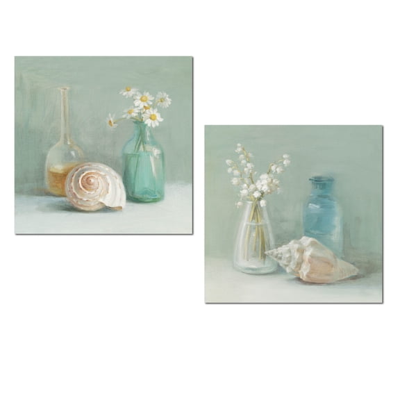 Gango Home Decor Adult Blue and Cream Relaxing Sea Shells and White Floral Set; 2-12x12in Unframed Paper Posters