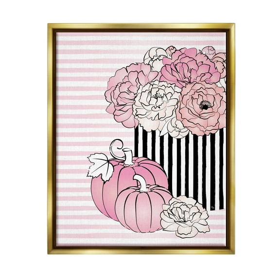 Stupell Industries Pink Florals & Pumpkins Botanical & Floral Painting Gold Floater Framed Canvas Art Print Wall Art, 25 x 31