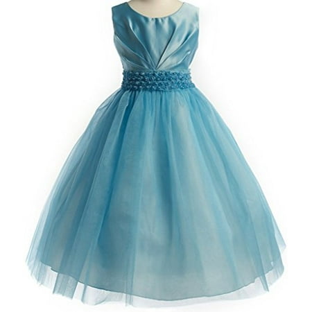 Pleated Front White Wing - Big Girls' Pleated Satin Bodice Rosette Waist Flowers Girls Dresses Blue 10