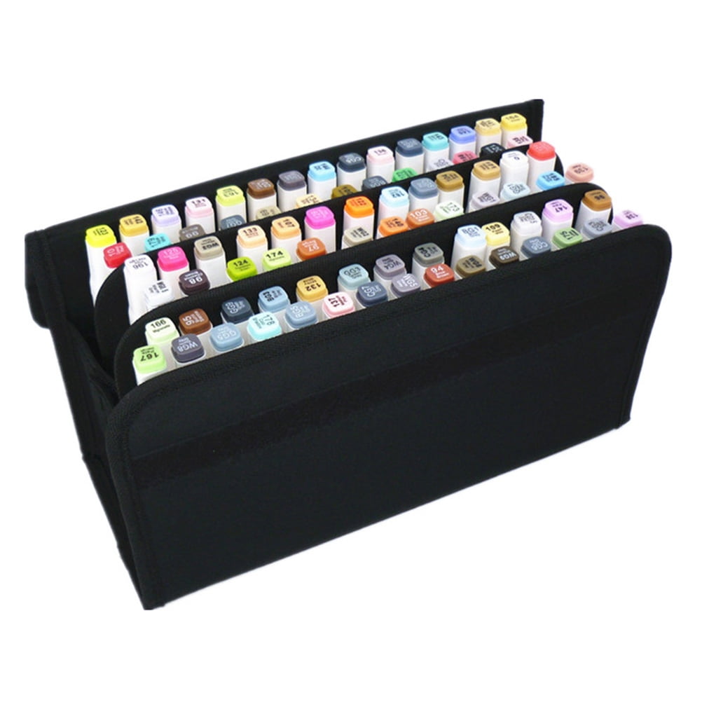 QIFULL Heavy Duty Marker Pens Storage Case 80 Slot Black Nylon Bag with Shoulder Strap and Zipper