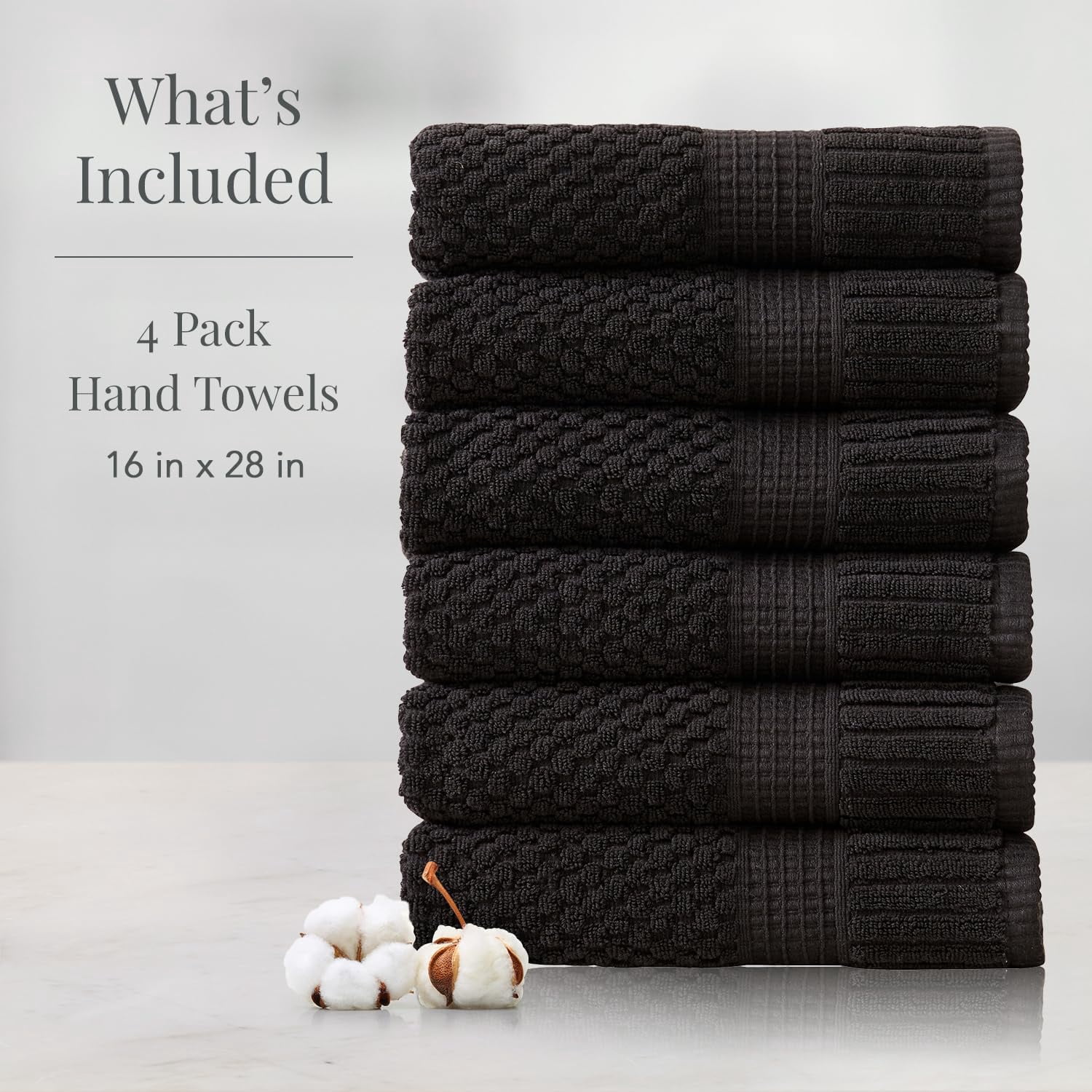 100% Cotton Hand Towel 6 Pack Hand Towel Set | Super Soft & Absorbent Quick-Dry Hand Towels 16" x 28" |Textured and Durable Cotton | Trinity Collection (6 Pack Hand Towel, Black)