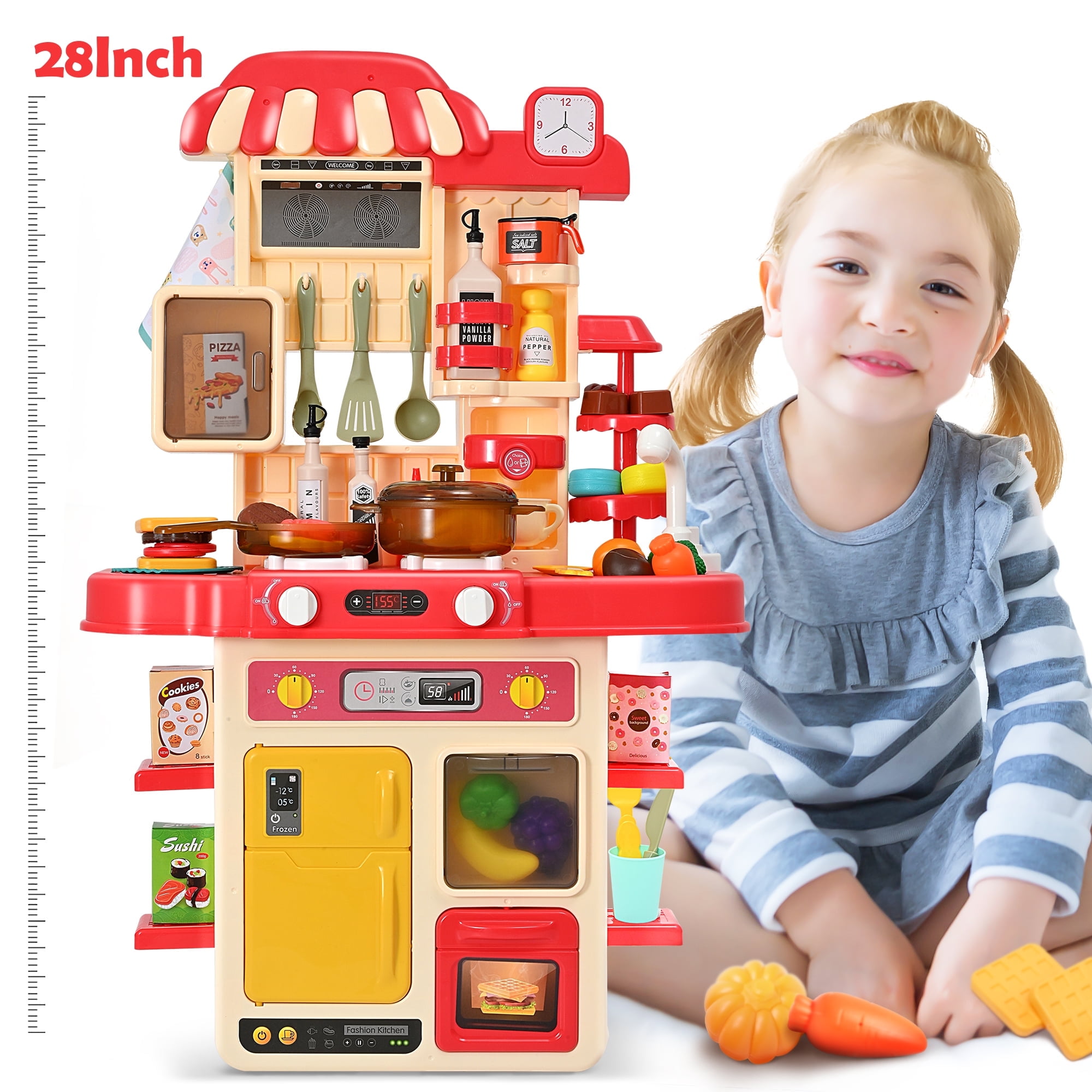 Kitchen Playset, 48Pcs 28Inch Pretend Play Food Toys Kitchen Set for Boys and Girls, Kitchen Toys with Realistic Lights&Sounds, Simulation of Spray and Play Sink,  with Toddler