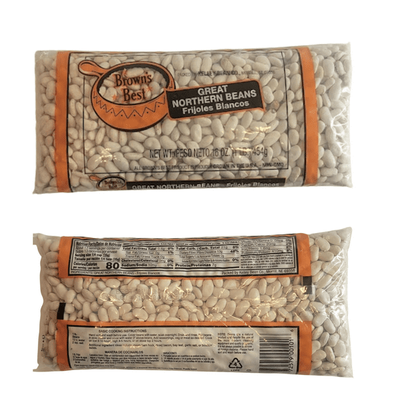 Brown's Best Great Northern Beans / Frijoles Blancos / 3 Ct. Case / 1 LB. Bags