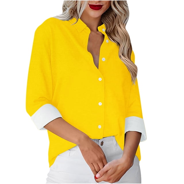 Besolor Button Down Shirts for Women Solid Color Long Sleeve Colared Tops Loose Office Blouses for Casual Work